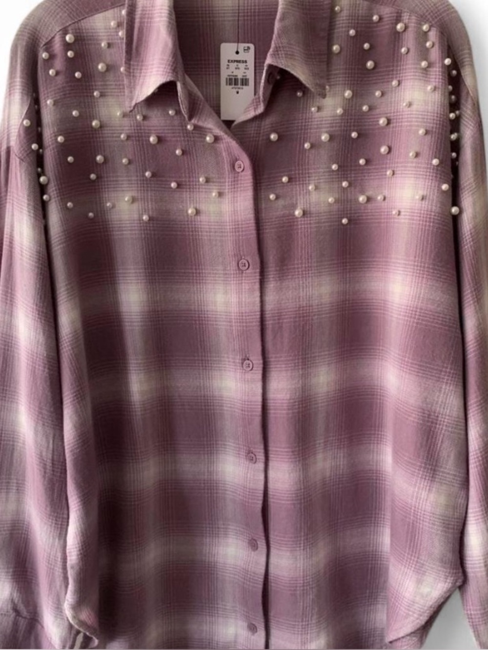 Express Lavender Plaid Pearl-Accent Boyfriend Shirt